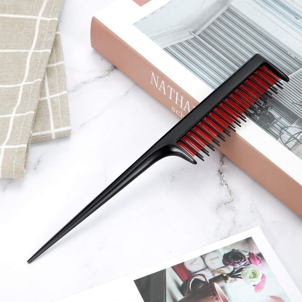 3 Peines Profesionales de Cola de Rata - Set para Crear Volumen y Estilizar, Ideal para Peinados Nocturnos, Updos y Extensiones de Cabello (Negro y Rojo)