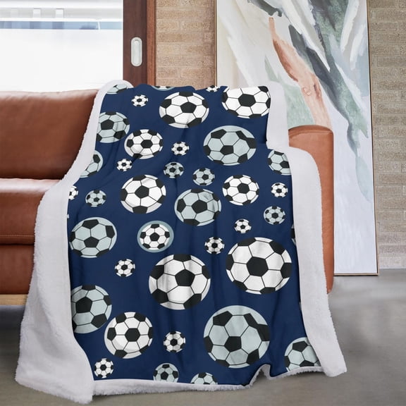 Soccer and Dot Blue Pattern Soft Sherpa Fleece Throw Blanket, Warm Cozy Plush Blanket for Sofa Bed Couch, All Season, 60"x80"