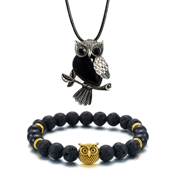 Softones Owl Necklace Healing Crystals Necklace for Women Men Reiki Spiritual Energy Gemstone Necklace Lava Owl Bracelet Set Gifts for Women with Gift Box