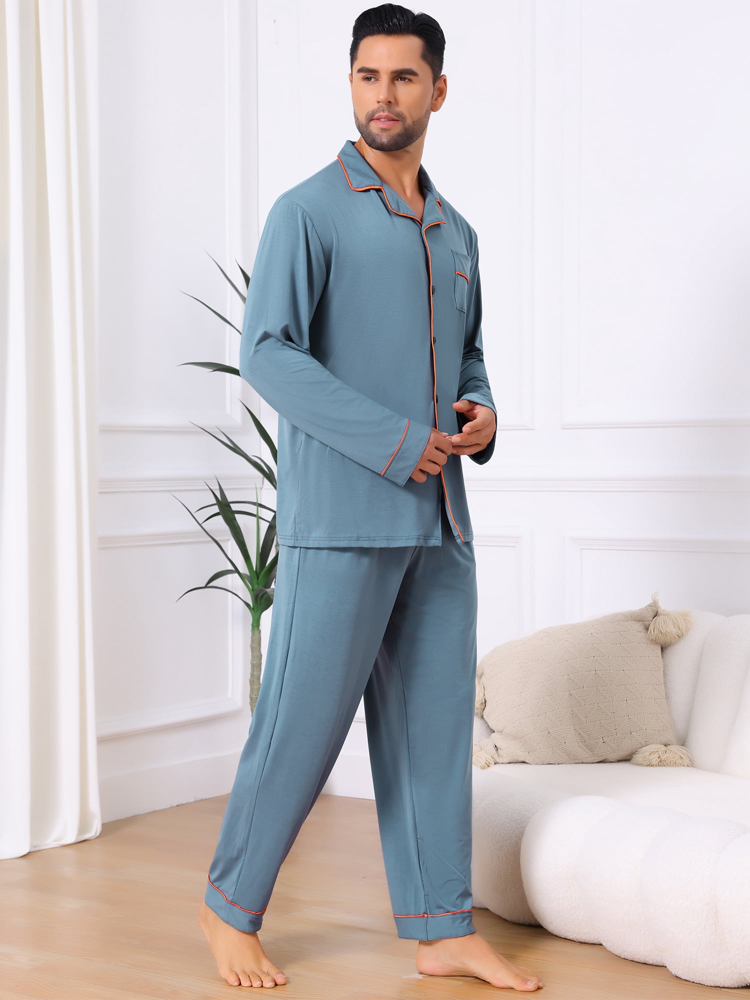 DARING DIVA Men's 2-Piece Long Sleeve Solid Color Button Down Pajamas Set S Gray Blue