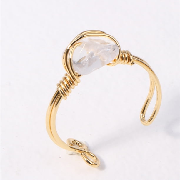 Xiao Hua Anillo natural hecho a mano, adecuado para hombres y mujeres, anillo de hilo de oro hecho a mano con piedra triturada de cristal natural (blanco)