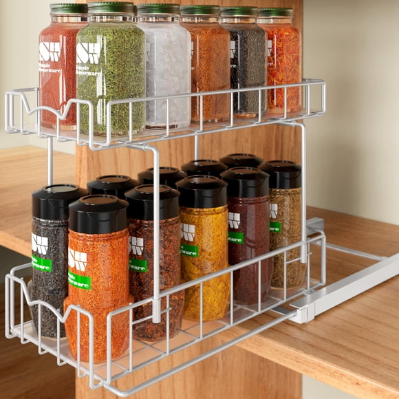 Simple Houseware 2-Tier Spice Rack Slide Out Wire Basket Drawer Organizer for Cupboard and Kitchen, White