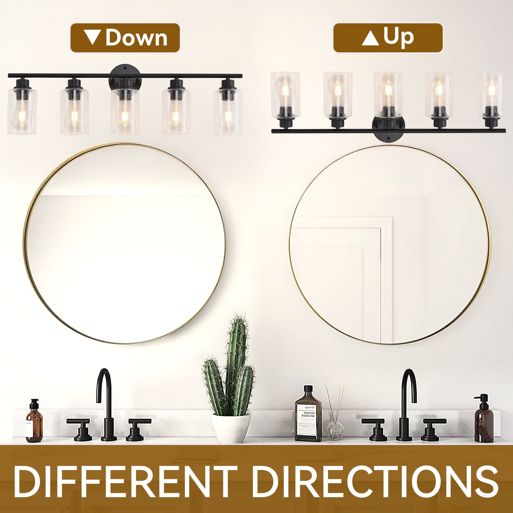 5-Light Modern Vanity Light with Clear Glass Shade - Dimmable Bathroom Black Wall Lamp for Mirror, Kitchen, Hallway