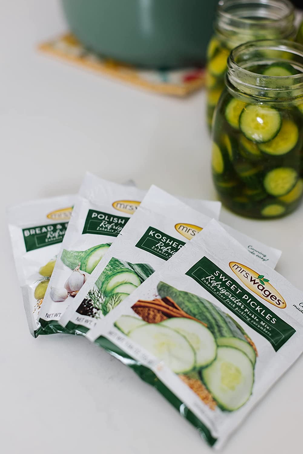 (4 pack) Mrs. Wages Sweet Pickles Mix | Sweet and Crunchy Homemade Refrigerator Pickle Mix | Traditional Flavor | 1.9 oz Packet