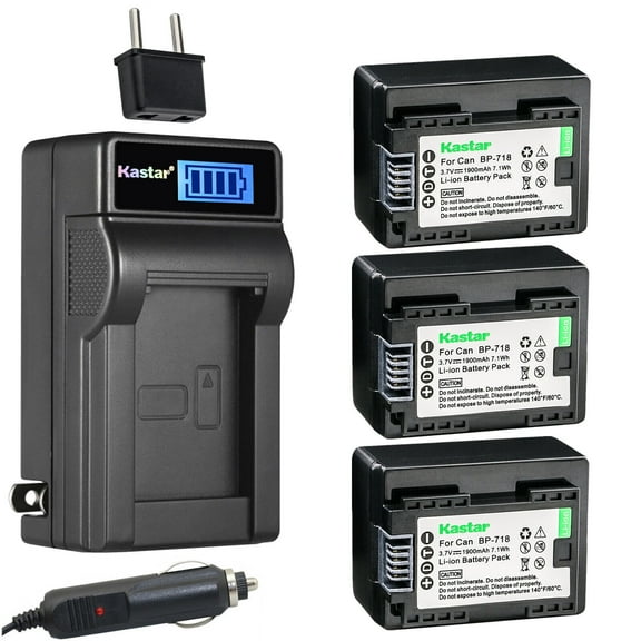 Kastar 3-Pack BP-718 Battery and LCD AC Charger Compatible with Canon VIXIA HF R800 HFR800, LEGRIA HF M36 HFM36, LEGRIA HF M38 HFM38, LEGRIA HF M46 HFM46, LEGRIA HF M52 HFM52, LEGRIA HF M56 HFM56