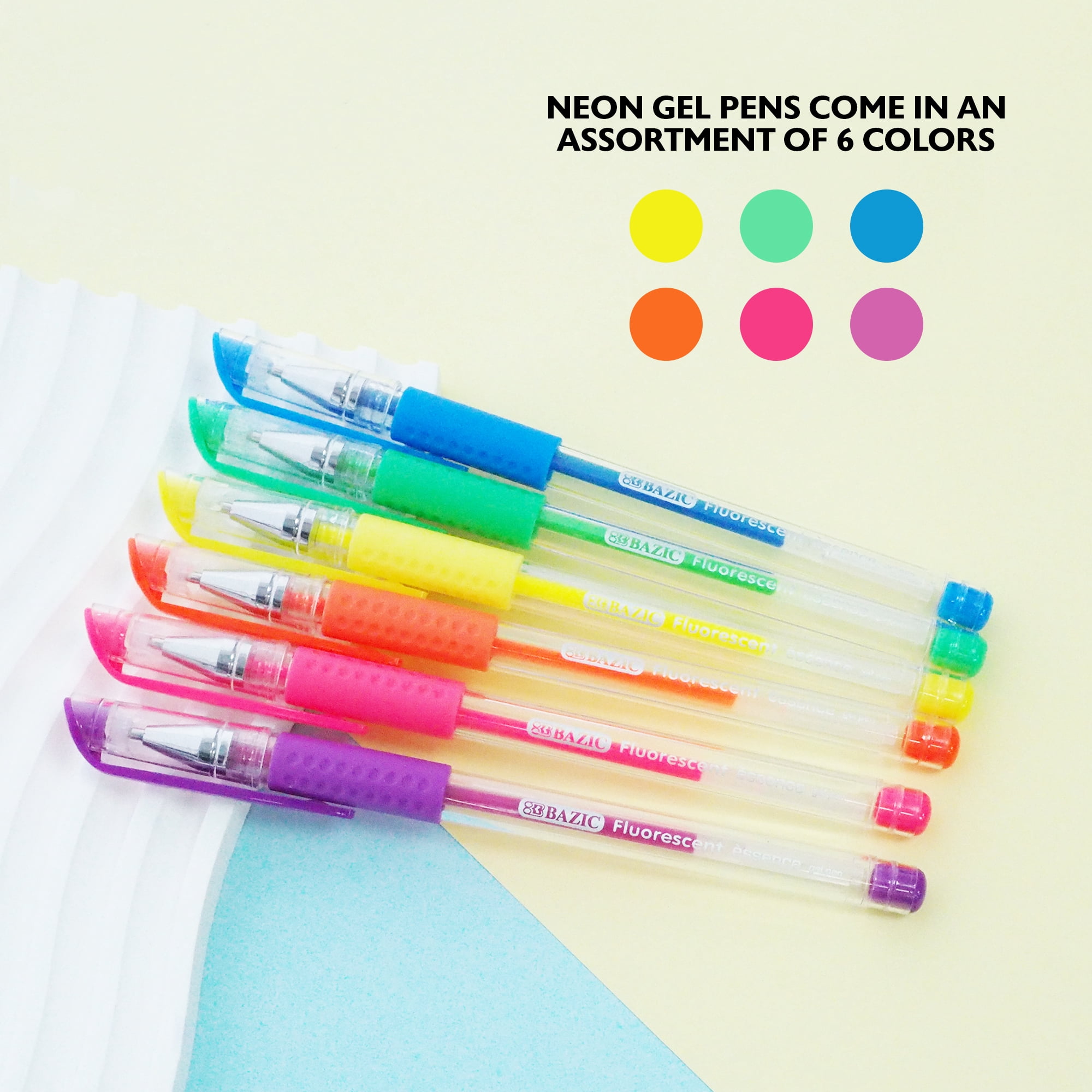 BAZIC Essence Gel Pen 0.8mm Neon Color, Comfort Grip, (6/Pack), 24-Pack