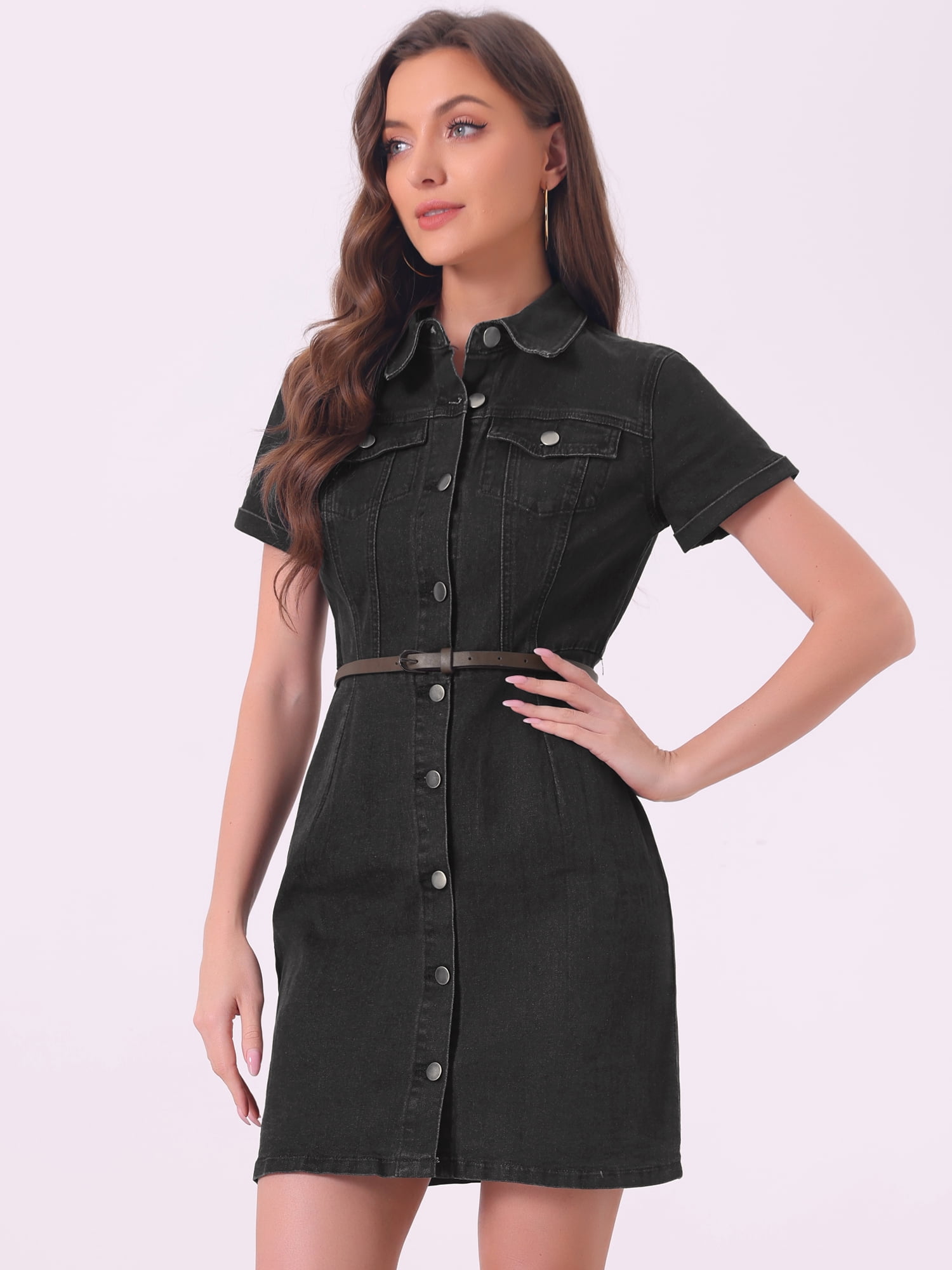 DARING DIVA Button Down Casual Collared Short Sleeve Denim Shirt Dress XS Blue S Black