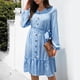 thumbnail image 3 of Vestido de mujer escote en V manga larga abombada cintura alta estampado de lunares vestido informal de moda para mujer azul claro S, 3 of 6
