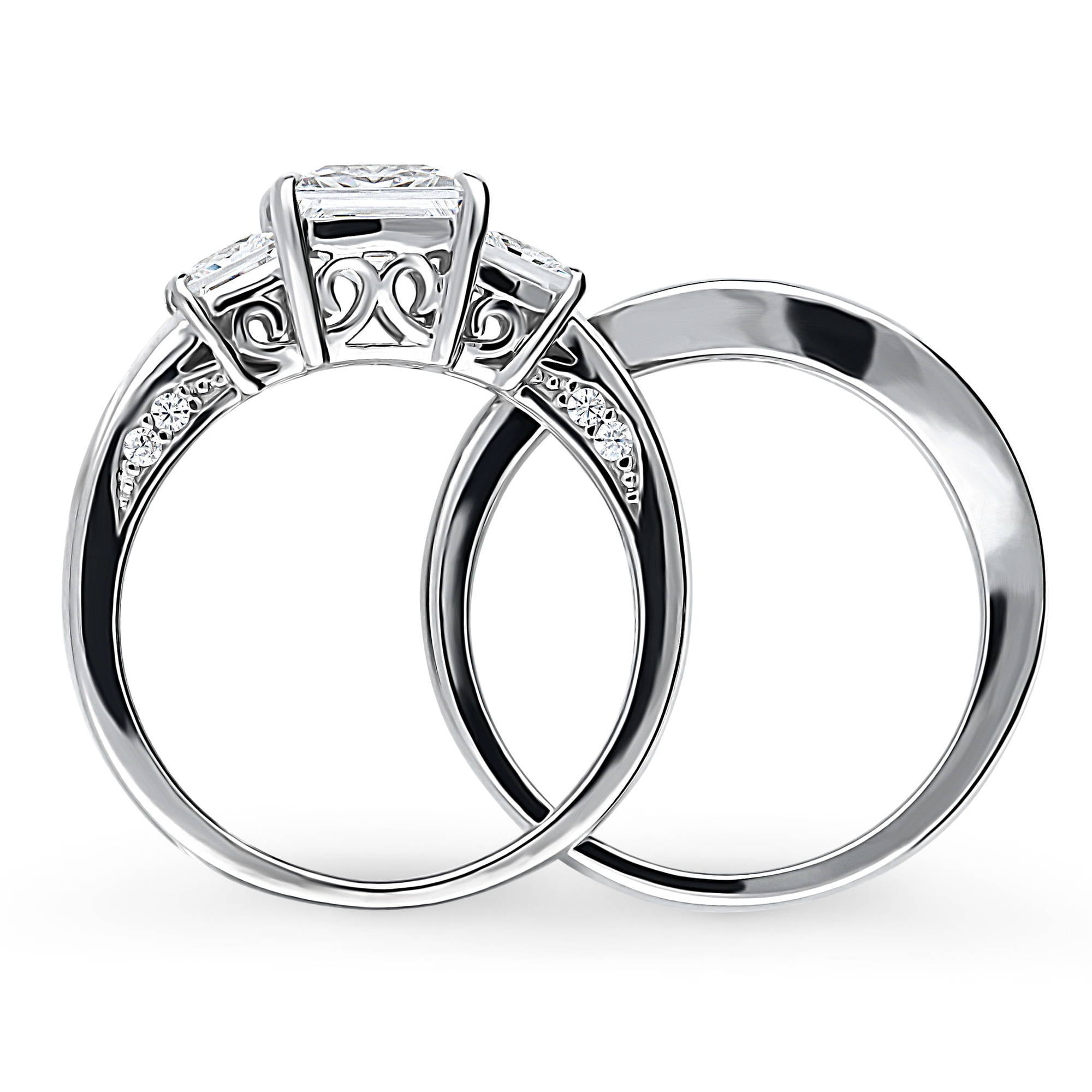 BERRICLE Sterling Silver 3-Stone Wedding Engagement Rings 1.6 Carat Princess Cut Cubic Zirconia CZ Ring Set for Women, Rhodium Plated Size 7