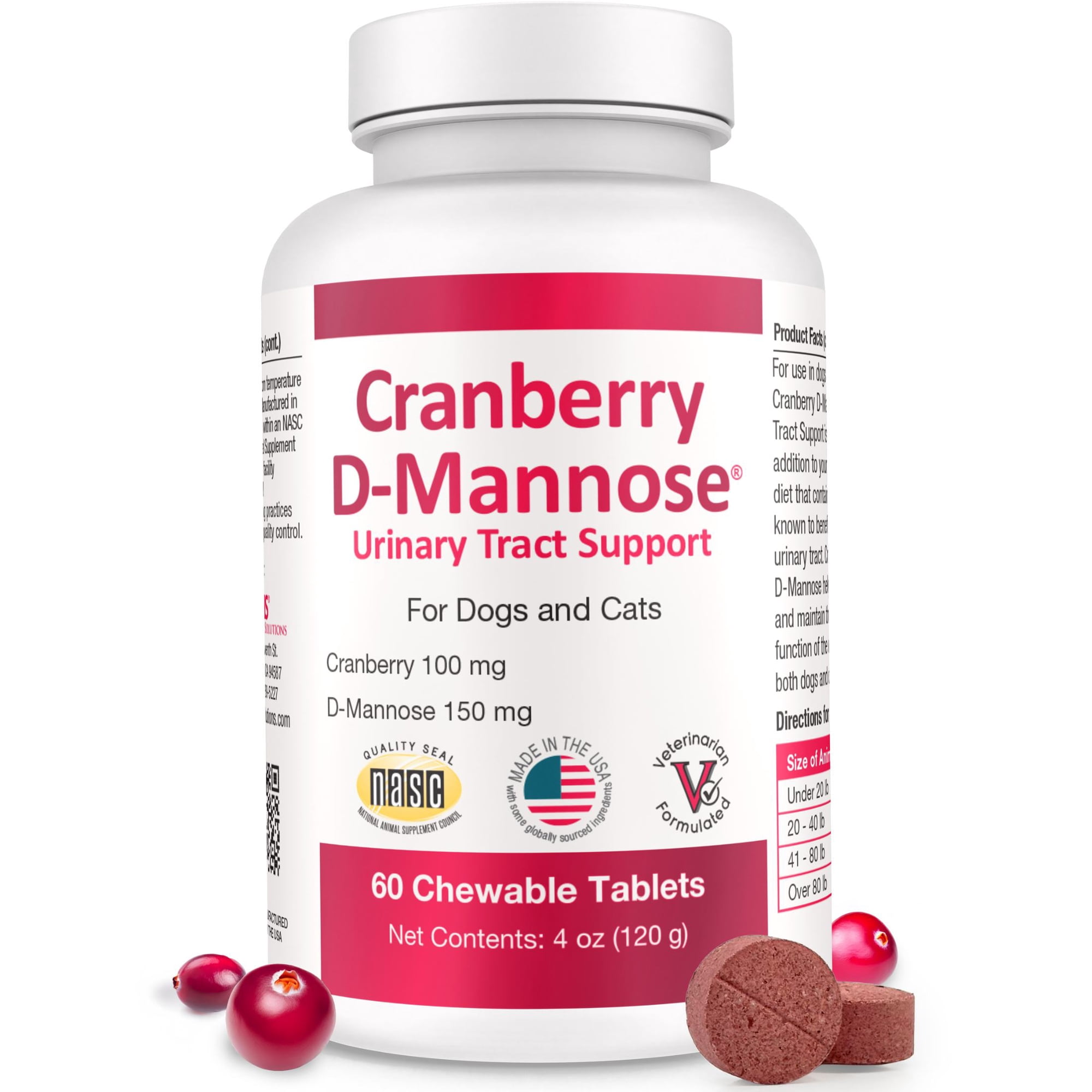 Cranberry D-Mannose Urinary Tract Supplement for Dogs & Cats – Bladder & UTI Health Support – Cranberry Extract, D-Mannose & Vitamin C–Promotes Urinary Wellness & Kidney Function – 60 Chewable Tablet