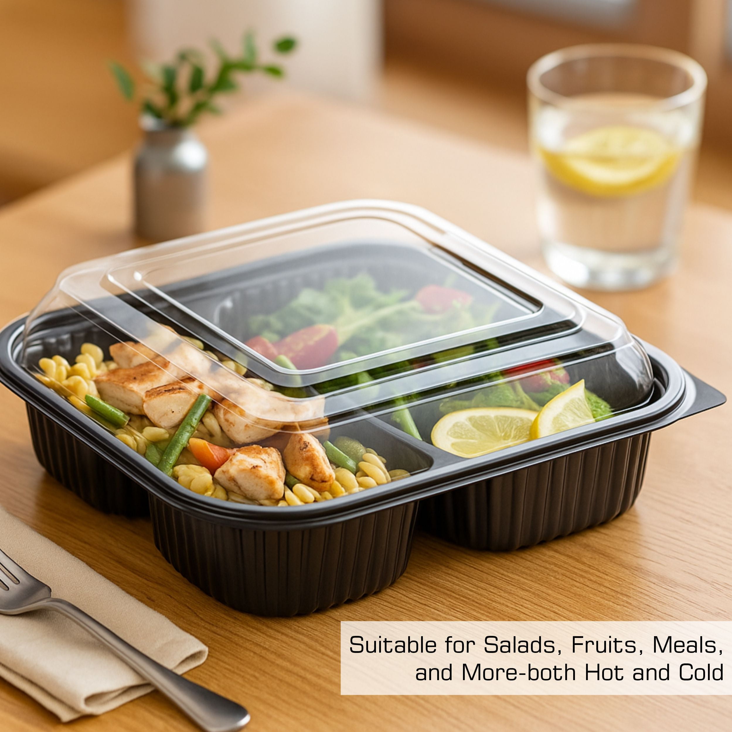 EcoQuality 36oz 8" 3 Compartment Square Black Container with Clear Dome Lid, Reusable Bento Box, Food Storage Containers | BPA Free | Stackable | Lunch Boxes, Microwave/Dishwasher/Freezer Safe (25)