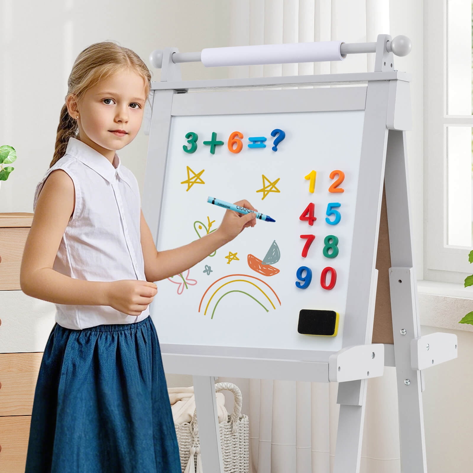 Costway Foldable Easel for Kids 3-in-1 Double-sided Art Easel with Chalkboard Green