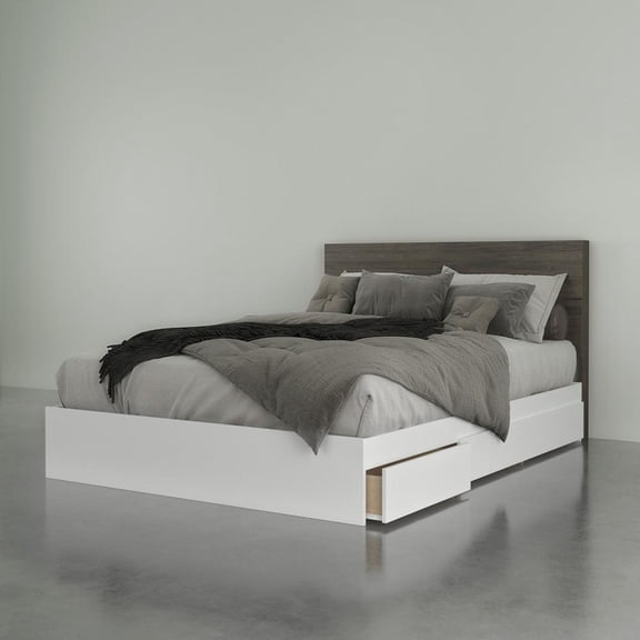 Nexera 2-Piece Bedset With Bed Frame And Headboard, Queen|Bark Grey & White