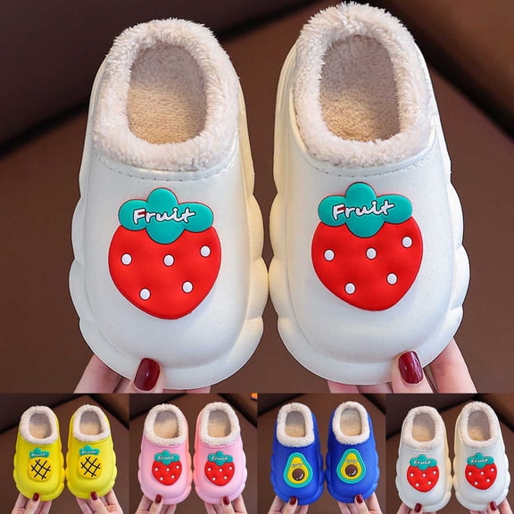 CAIXIA Slippers for Kids Girls Boys with Memory Foam Sherpa Lining Graphic Print Non- Sole House Shoes Little Kids Fuzzy Soft Indoor Bedroom Shoes Girl Gifts