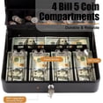 thumbnail image 3 of Caja de efectivo, 11.8l x 9.5w x 3.5h pulgadas, negra, caja de efectivo con bandeja de dinero y cerradura con llave con 4 ranuras para billetes y 5 monedas, caja de seguridad grande con llave, ca, 3 of 5