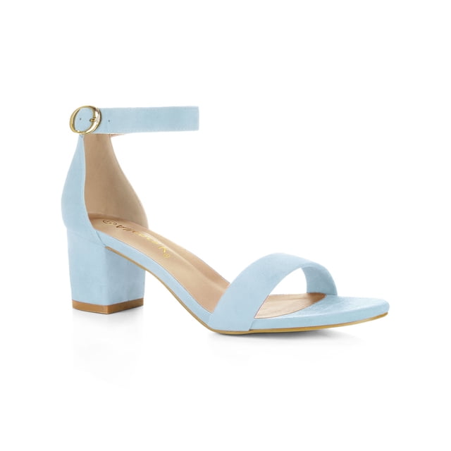 BLISSFUL STEP Inspired Women's Shoes Open Toe Mid Block Heel Ankle Strap Faux Suede Sandals Sky Blue 7