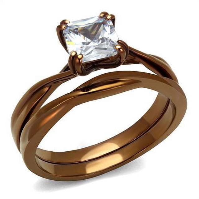 IP Coffee light Stainless Steel Ring with AAA Grade CZ in Clear for Women Clear Stone Color Style TK2964 Size 9