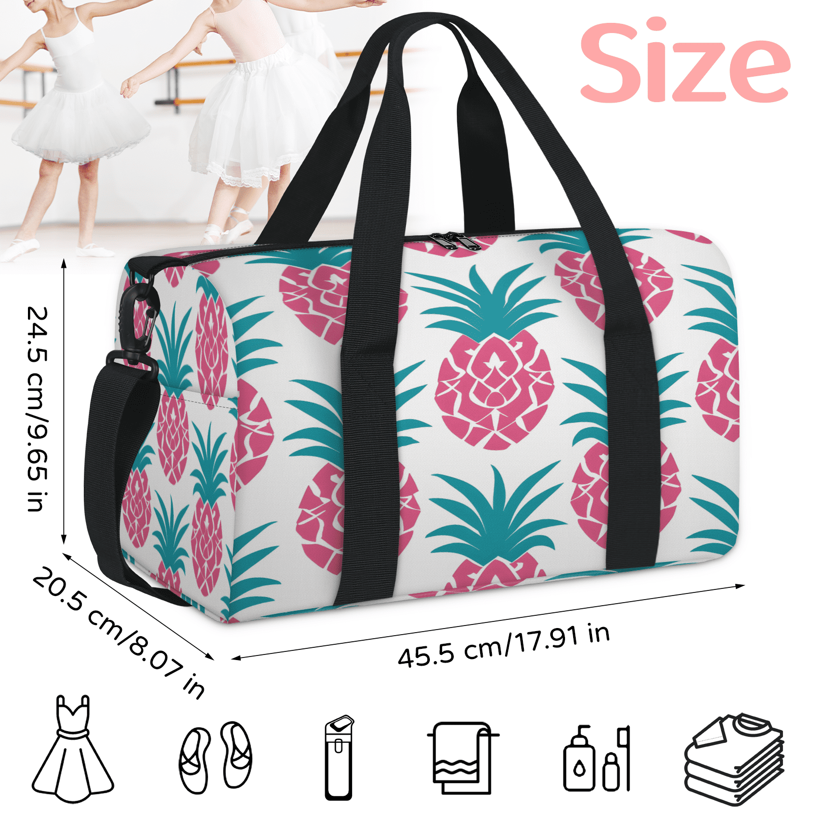 Herdesigns Pineapple Travel Duffle Bag Sports Yoga Weekender Overnight Carry on Workout Bags Lightweight Waterproof Gym Tote Bag for Women
