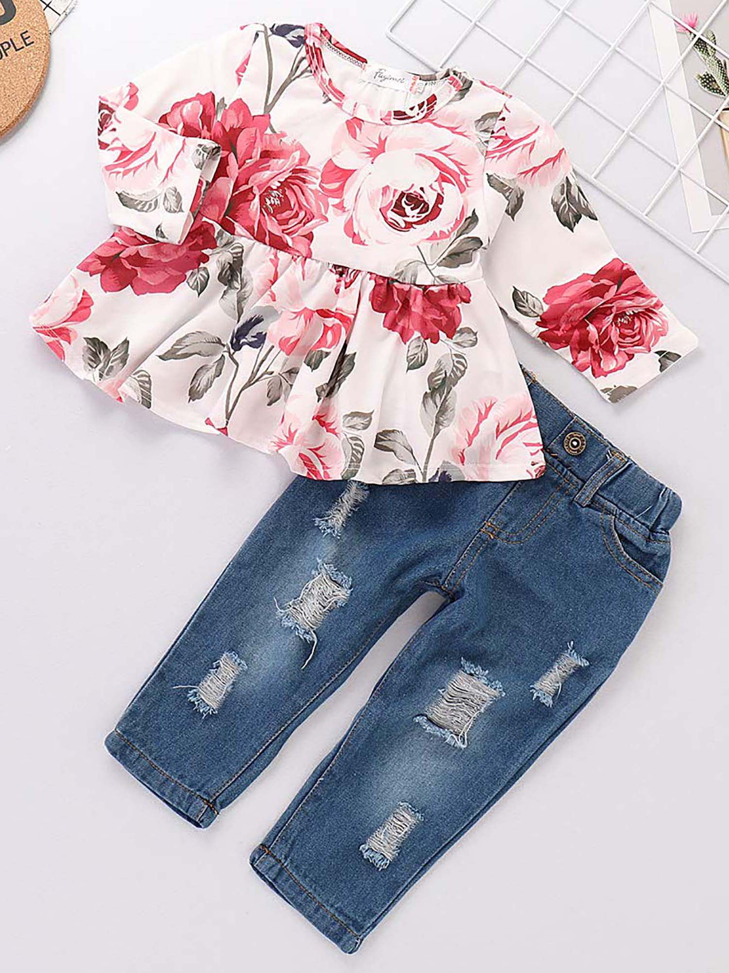 CARETOO Girl Clothes Outfits Toddler Baby Ruffle Sleeve Floral T-Shirt Tops Ripped Jeans Pants Set
