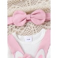 thumbnail image 6 of Bagilaanoe 3Pcs Newborn Easter Outfits Baby Girls Overalls Dress Set Ribbed Long Sleeve Romper Tops + Suspender Skirt + Headband 3M 6M 9M 12M 18M Infant Spring Casual Clothes, 6 of 9