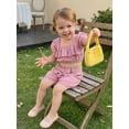 thumbnail image 5 of BemeyourBBs Toddler Baby Girls Summer Clothes Infant Baby Girls 2 Piece Outfits Short Puff Sleeve Square Neck Ruched Shirt Tops Belted Shorts Sets, 5 of 9