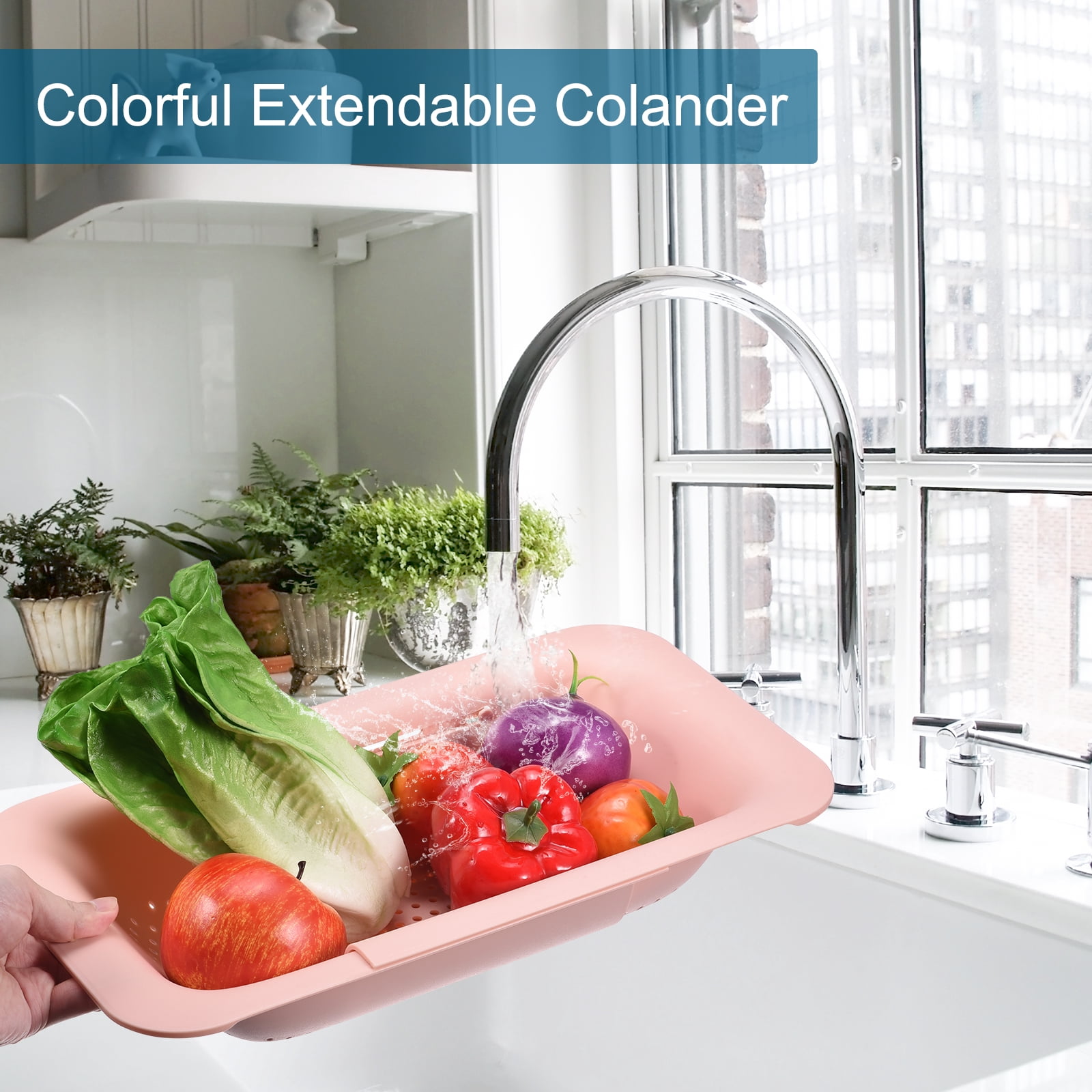 Unique Bargains Collapsible Colander Over the Sink Drain Food Strainer Colander Basket Set Pink