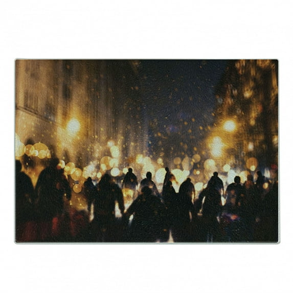 Zombie Cutting Board, Burning Town Urban Chaos with Human Silhouettes in Street Pattern Print, Decorative Tempered Glass Cutting and Serving Board, Small Size, Amber Mauve Seal Brown, by Ambesonne