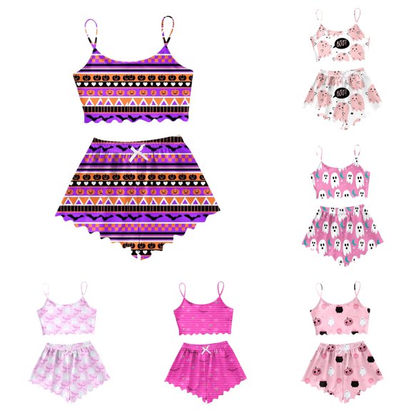 Trendfront Womens 2-Piece Cami Pajama Set Halloween Halloween Print Scoop Neck Spaghetti Strap Sleeveless Cami Top and Shorts Sleepwear Lounge Set