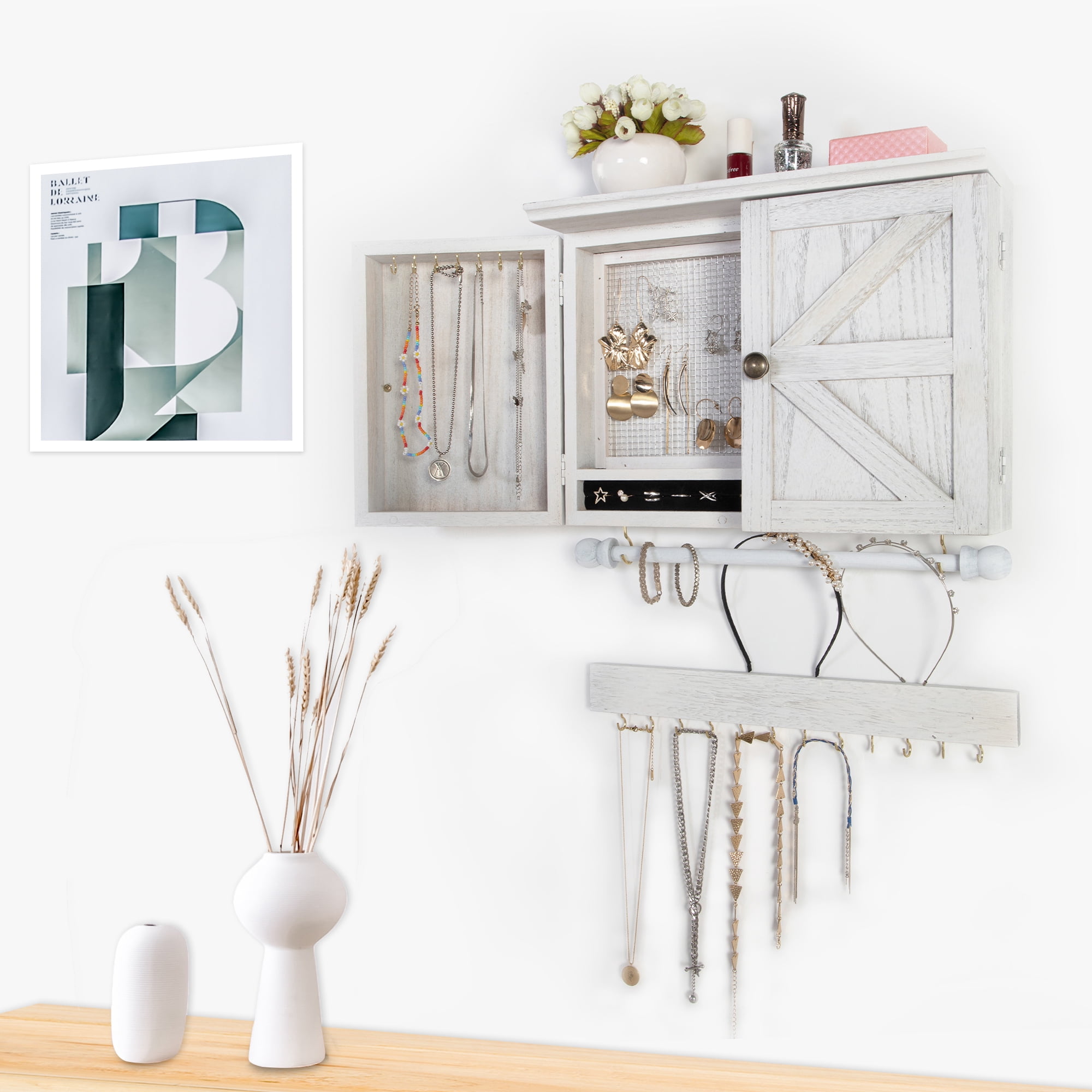 Sandinrayli Wall Mount Jewelry Organizer with Wooden Barn Doors, Rustic Jewelry Holder with Removable Hanging Rod for Earrings Bracelets Necklaces Ring Holder Includes Hook Organizer