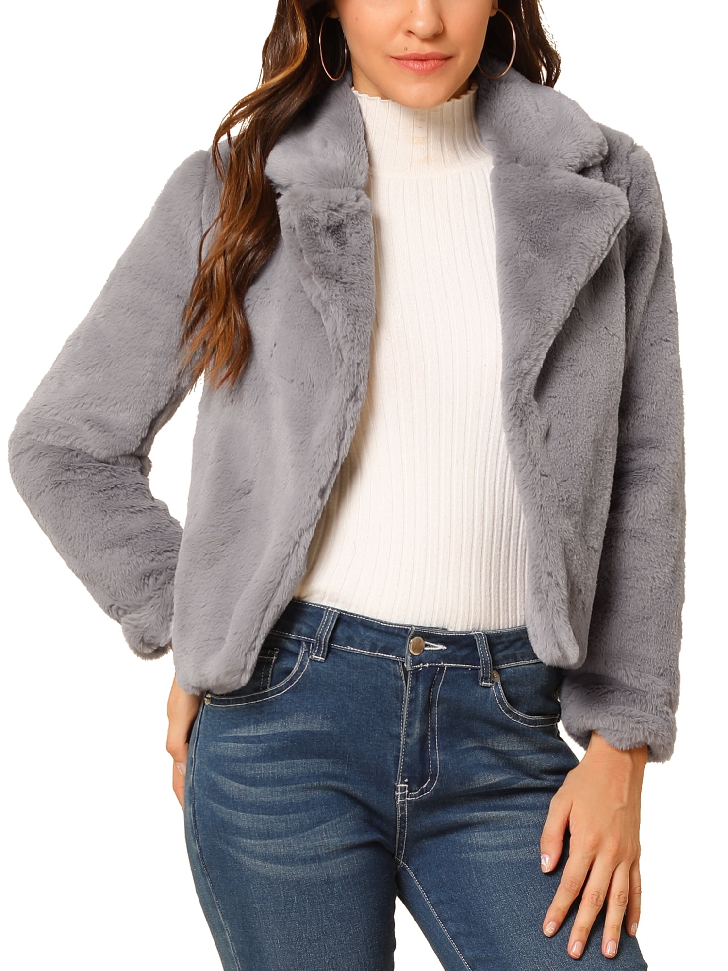 DARING DIVA Women's Cropped Notch Lapel Faux Fur Fluffy Coat S Grey