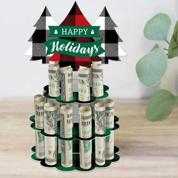 Big Dot of Happiness Holiday Plaid Trees - DIY Buffalo Plaid Christmas Party Money Holder Gift - Cash Cake
