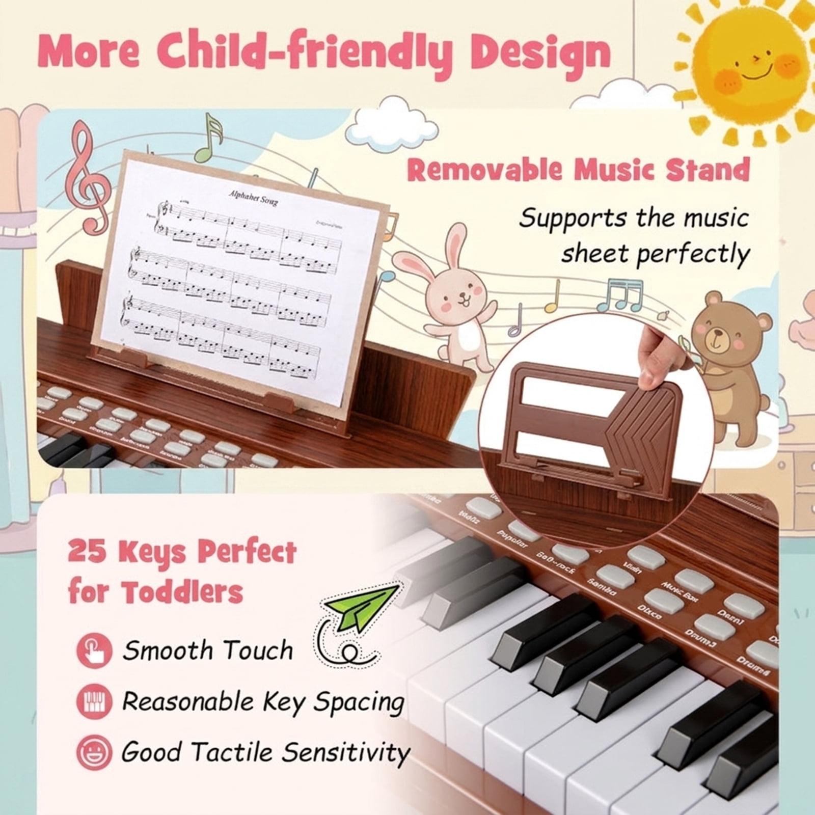 Redsmile 25-Key Kids Piano Keyboard with Adjustable Speed, Volume Control and Hidden Battery Box for Toddlers, Brown