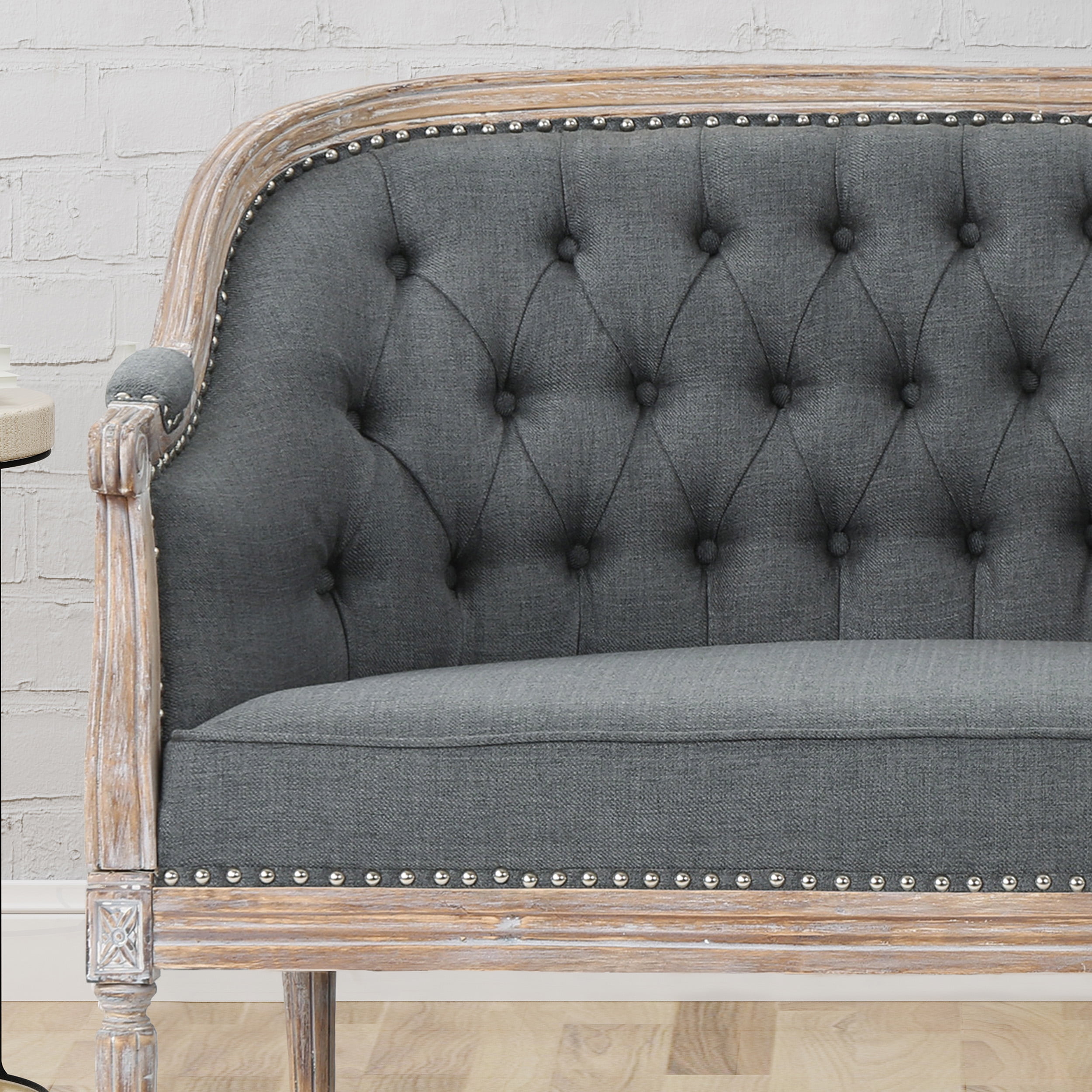 GDF Studio Phillips Traditional Fabric Tufted Upholstered Loveseat, Dark Gray and Antique
