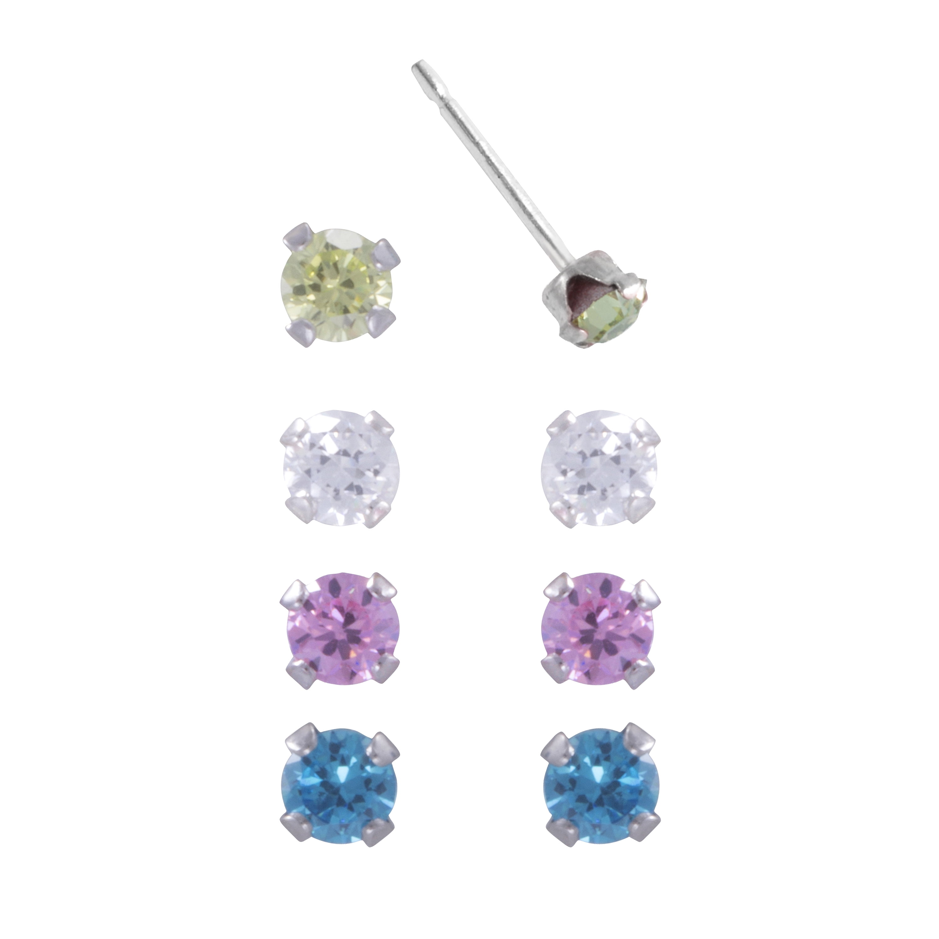 Brilliance Fine Women's Girl’s Sterling Silver Cubic Zirconia Round Stud Earring Set, 4 Pairs