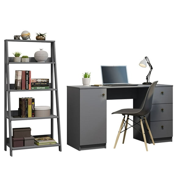 Madesa Desk with Drawer 53" + Ladder Shelf Standing Bookcase - Gray