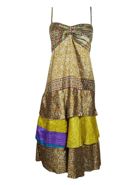 Mogul Women Dress Ruffled Dresses Spaghetti Strap Dress Floral Silk Sari Recycled Sari Printed Bohemian Dress S/M