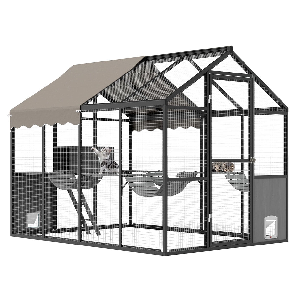Aluminum Walk-In Large Outdoor Cat Enclosure,Large Outdoor Catio for Multiple Cats, Outside Cattery with Weatherproof Roof with Channels,Side Door,UV Proof Cover,Huge Condo,Platform(ship in 2 boxes)