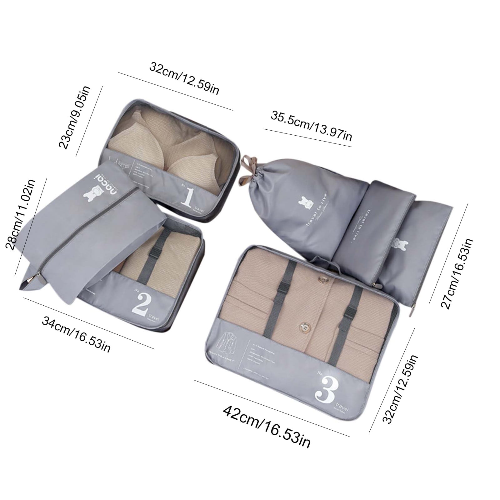Summercome 7 Set Packing Cubes, Luggage Packing Organizers for Travel Accessories, Space Saving Travel Bags for Carry On, Lightweight Zipper, Clothes, Shoes and Laundry Bag, Suitcases (Gray)