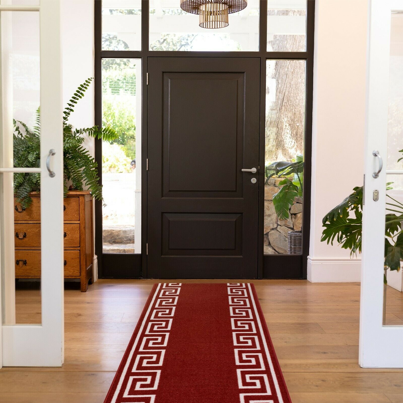 Runner Rug for Hallway Greek Key Print Design Red White Color 26 Inch or 31 Inch Wide by Your Length Choice Slip Resistant Rubber Backing Stain Resistant Pile Stair Runner