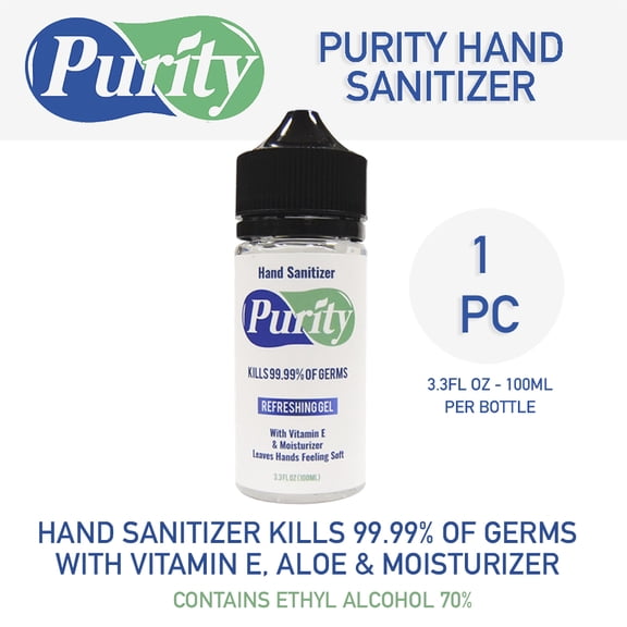 Hand Sanitizer 3.3oz bottle 1 Pc Gel Elim. 99.99% of Germs Vitamin E Aloe Purity