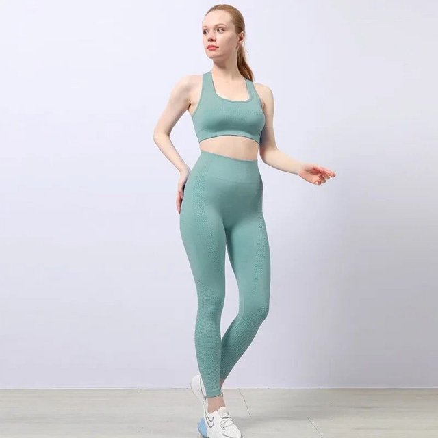 Conjunto de dos piezas de mallas y Top corto para mujer, conjuntos de ropa de Yoga, trajes de entrenamiento sin costuras de cintura alta, trajes de entrenamiento para Fitness, ropa de gimnasio