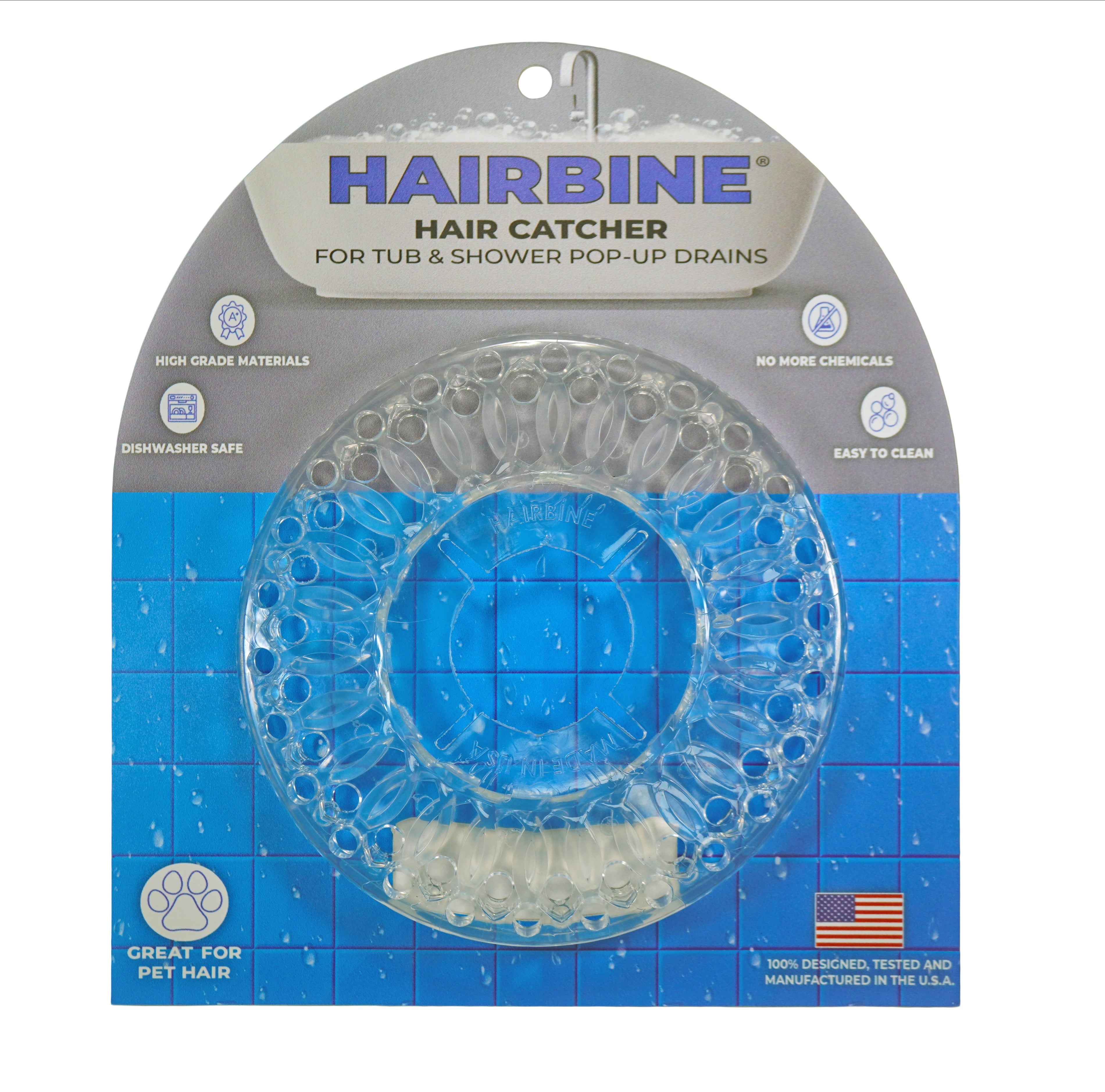 Hairbine Pop Up Drain Catcher - for Showers & Bathtubs - Hair, Pet Hair &  Debris Trap/Stopper for Bathrooms - Drain Cover & Protector - Fight Clogs &  Buildup - Patented to