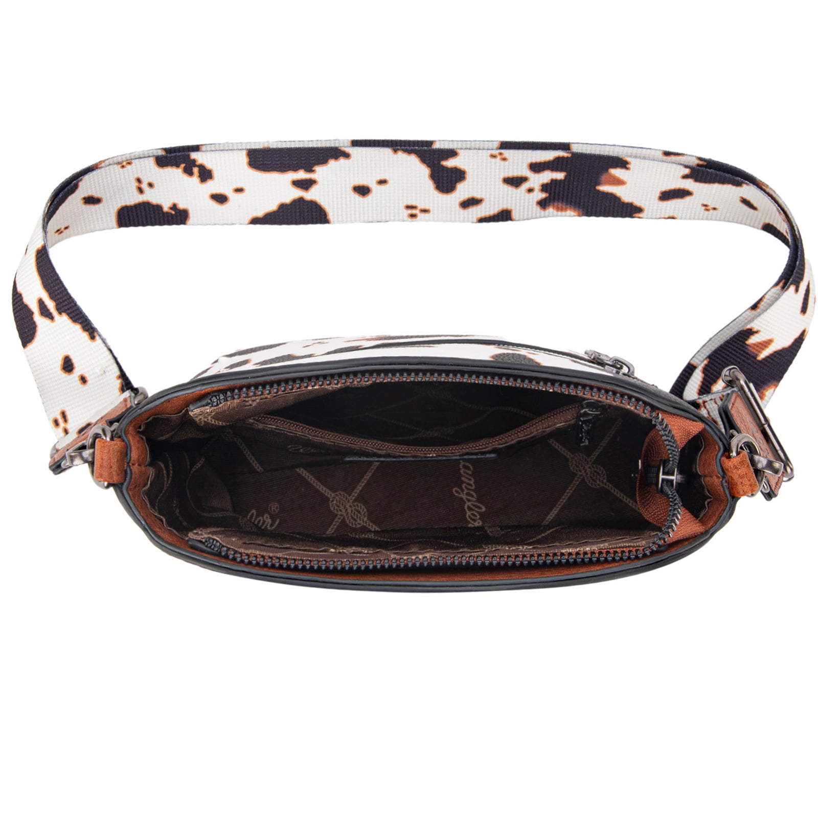 Wrangler Cow Print Crossbody Bag for Women Western Cross Body Purse with Signature Strap, Brown