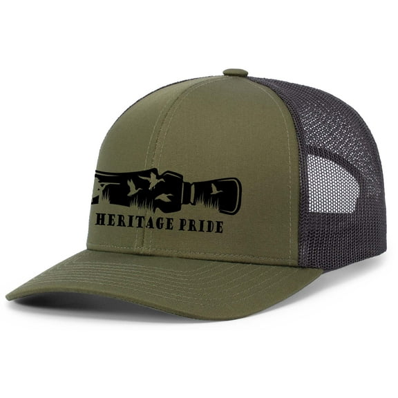 Heritage Pride Duck Hunting Outdoors Scenic Duck Call Mens Embroidered Mesh Back Trucker Hat, Loden/Black