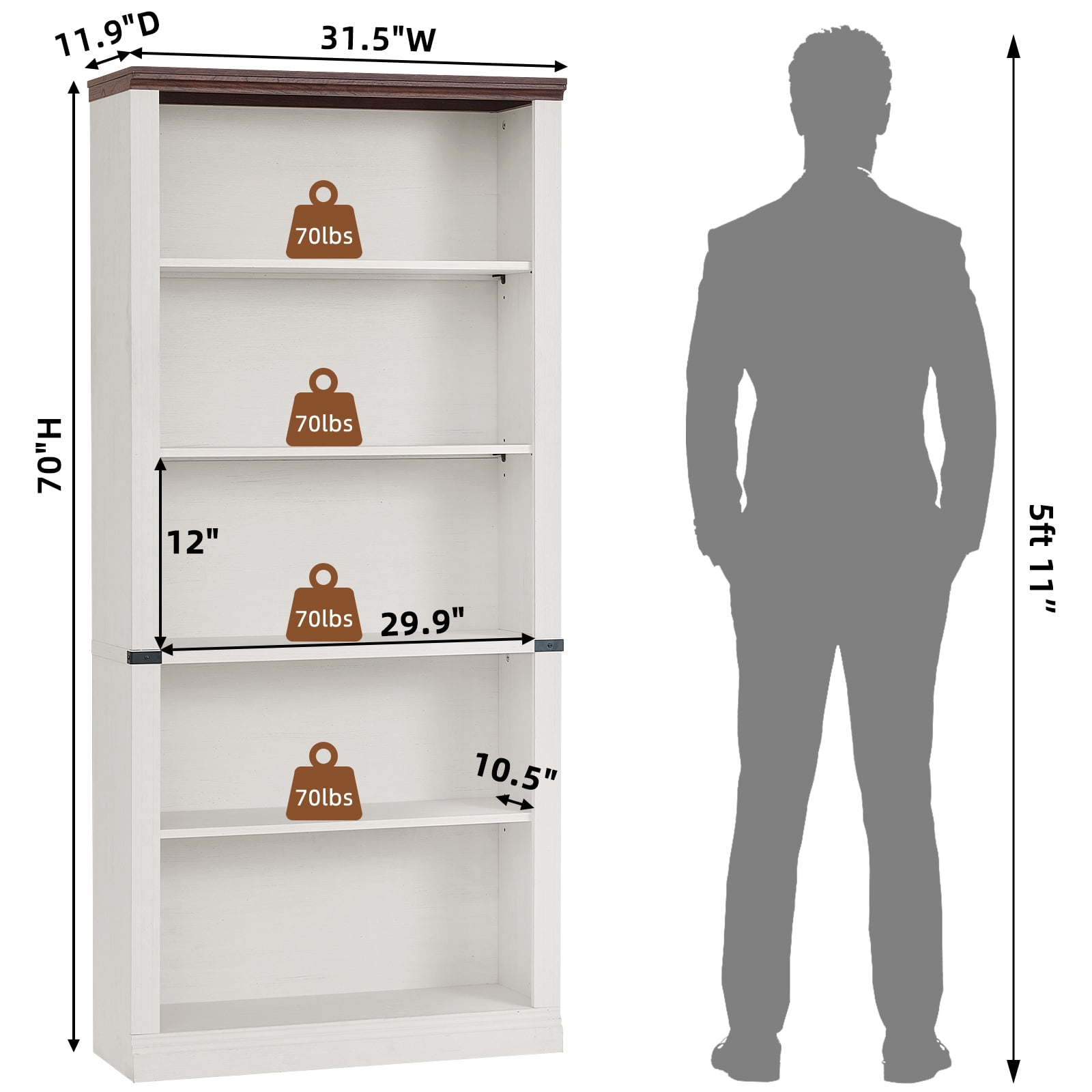 Buildhom 2pc 70" Tall Farmhouse Bookshelf, 5-Tier Solid Wood Bookcase with Adjustable Shelves for Living Room & Office, White