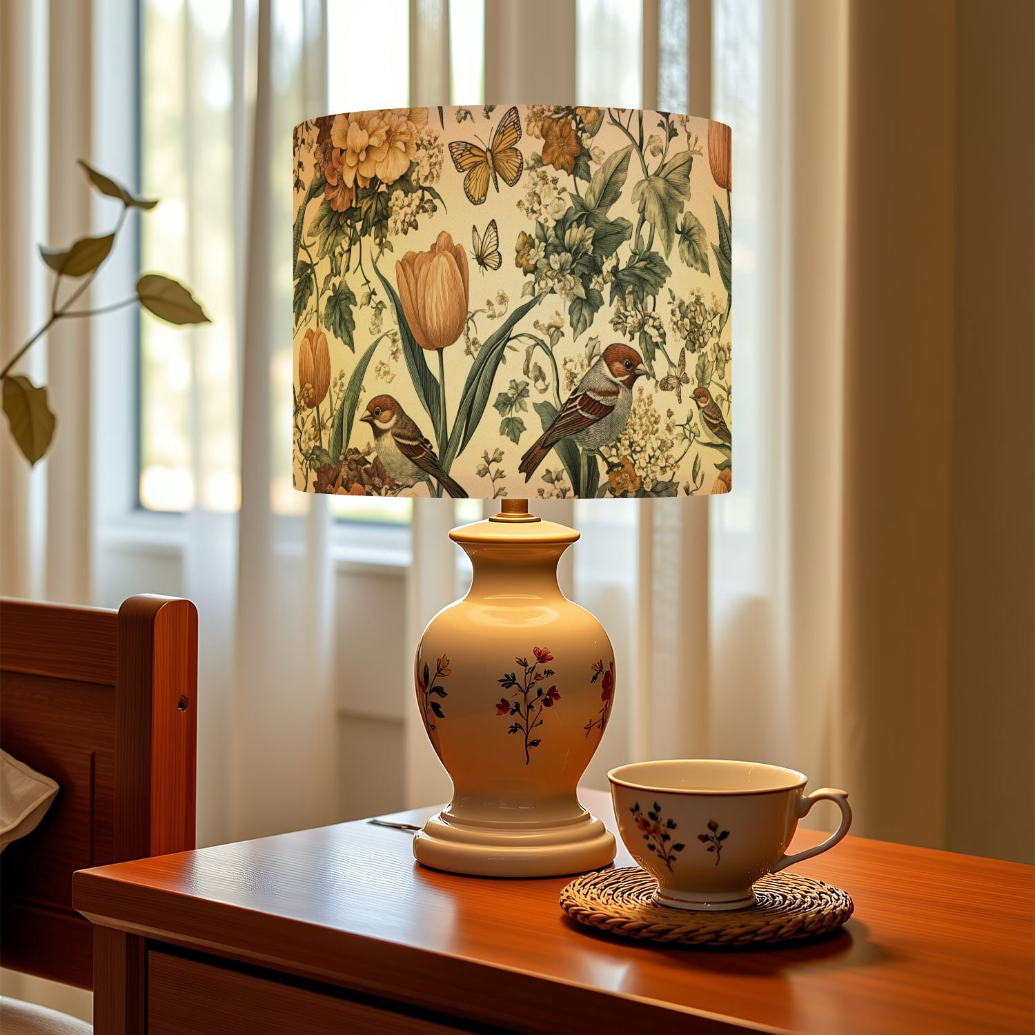 Linen Drum Lampshades Floral Birds Vintage Boho Flower Leaf Beige 13"x13"x10" Light Shade for Table Lamps Floor Lamps Drum Lamp Shades Lampshade Replacement Assembly Required