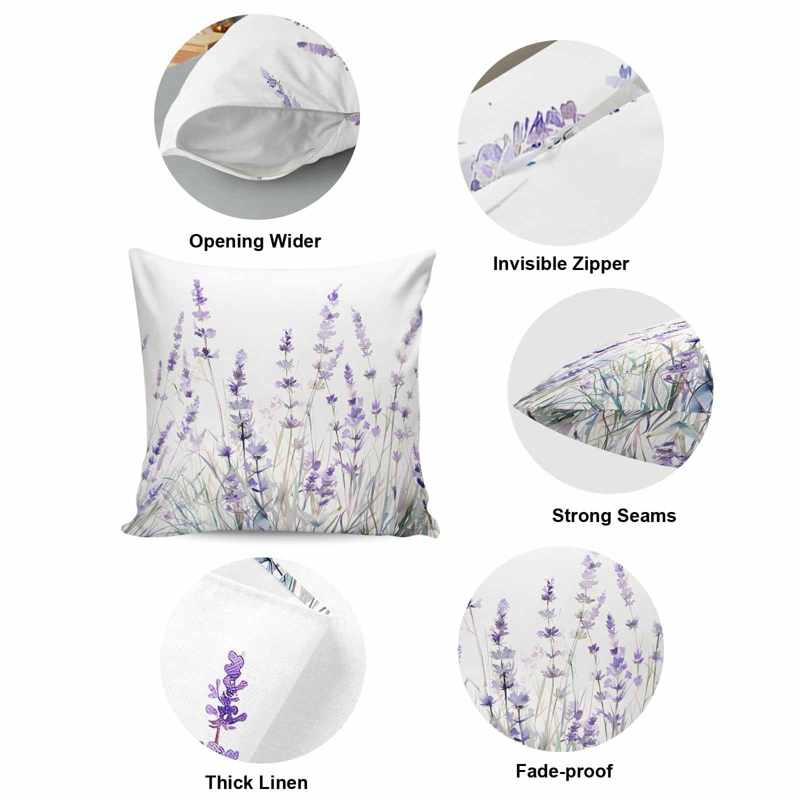 Pillow Covers 26x26 Inch, Lavender Floral Linen Pillowcase with Invisible Zipper, Spring Flowers Botanical Plants Decorative Throw Pillow Covers Cushion Case for Couch Sofa Bed Living Room