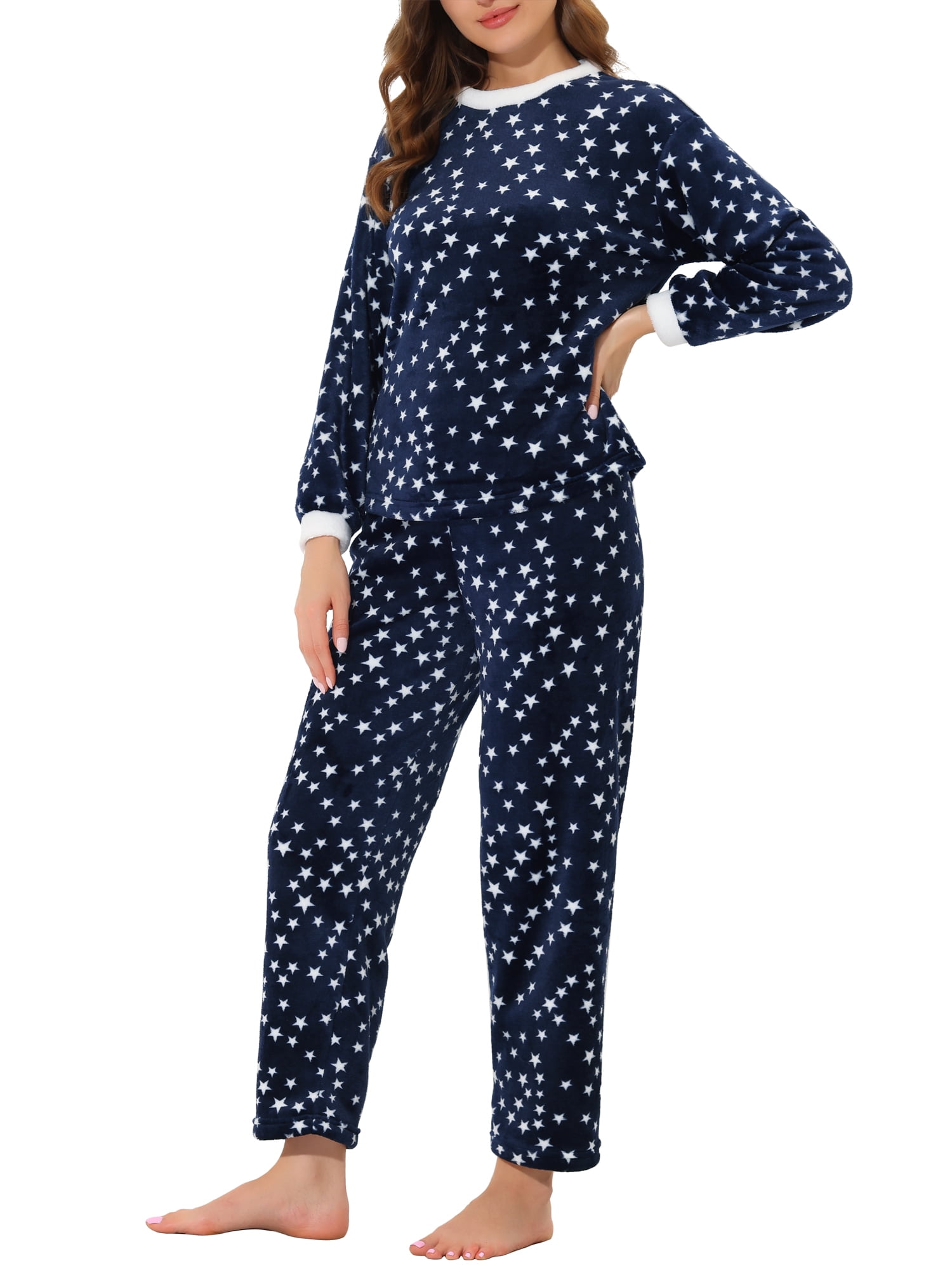 Unique Bargains Women's Heart Star Warm Plush Fleece Top and Pants Pajamas Set XS Blue