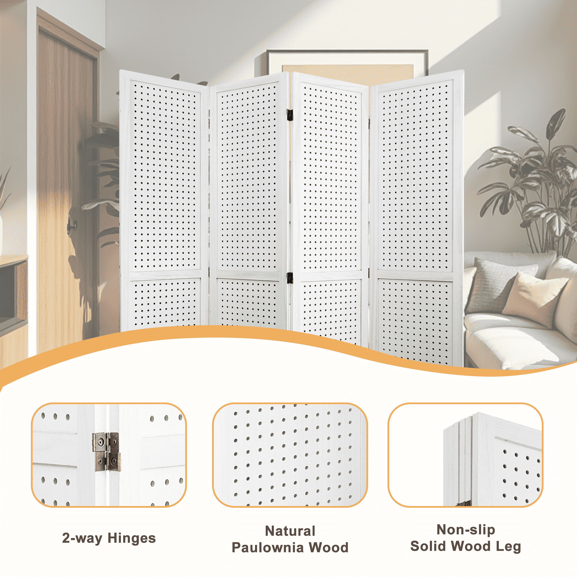 MAYEERTY 4 Panel Freestanding Room Divider, 5.6Ft Wooden Privacy Screen with Shelves, White