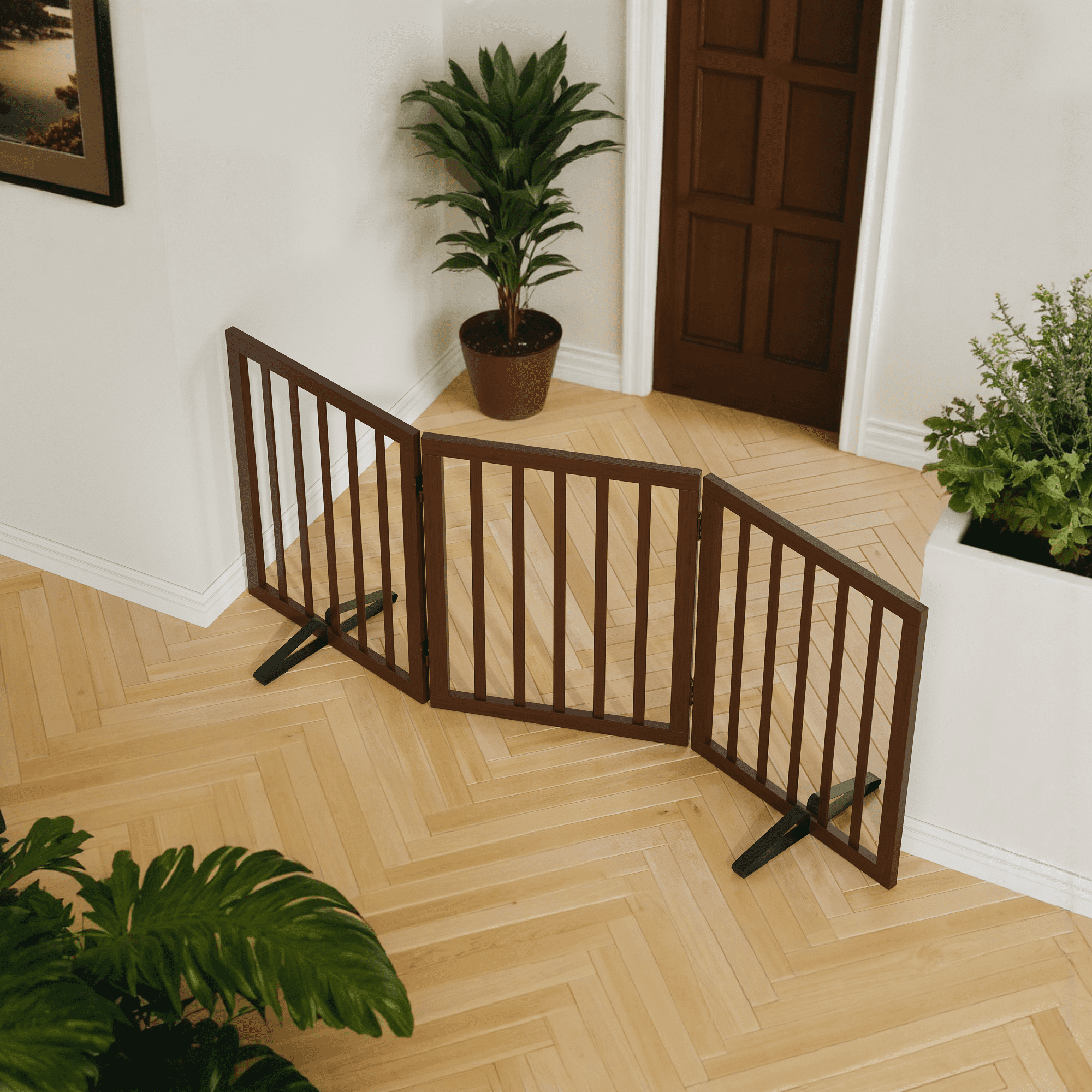 Smart FENDEE Bamboo Dog Gate Freestanding 3 Panel Pet Gate for Doorways, 2 Support Feet, Espresso